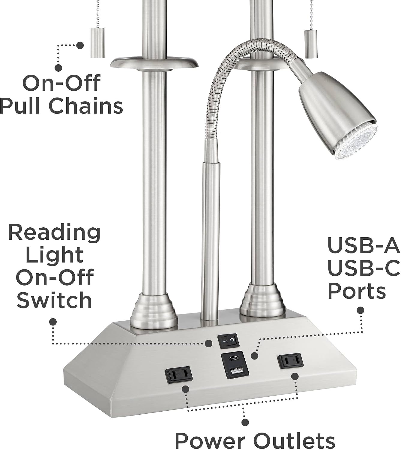 Possini Euro Design Dexter 26' High Modern Table Lamp with USB Charging Ports A+C and AC Power Outlet in Base Brushed Nickel LED Reading Light White Linen Shade Bedroom Living Room House Desk