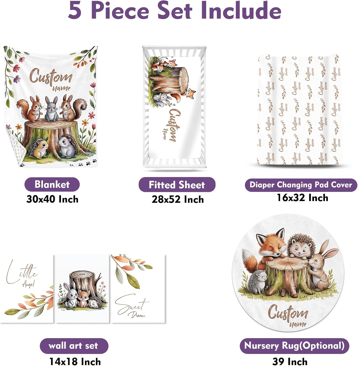 Personalized Crib Bedding Set for Baby Boys Girls, Custom Name Baby Crib Sets 5-Pcs - Toddler Double Layer Blanket Fitted Sheet Changing Pad Cover Rug Wall Art Set, Squirrel Stump Theme Nursery Décor