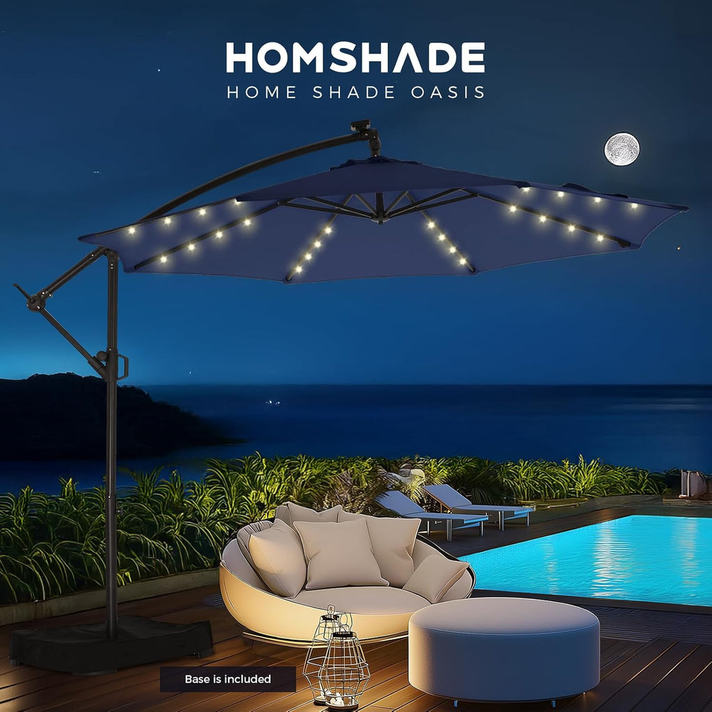 HOMSHADE 10ft Solar Lights Offset Cantilever Patio Umbrella - with Light and Base, LED Lighted Offset Hanging Patio Outdoor Market Umbrella UPF50+ UV Protection with Easy Tilt and Crank (Navy Blue)