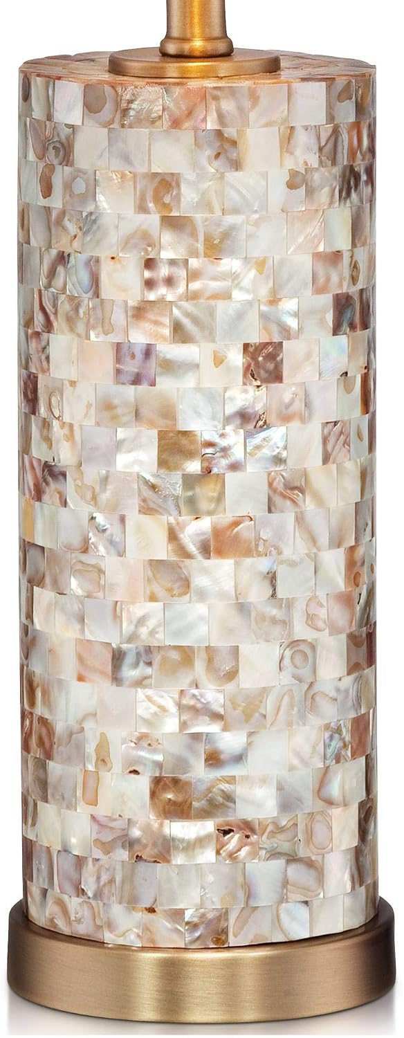 360 Lighting Margaret Coastal Accent Table Lamp 23' High Mother of Pearl Tile Cylinder Glass Cream Linen Fabric Drum Shade for Living Room Bedroom Beach House Bedside Nightstand Home Office