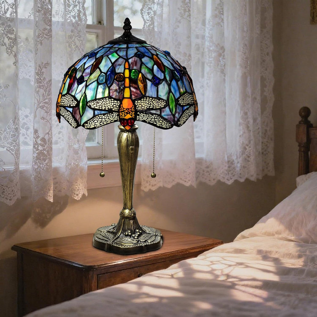Tiffany Table Lamp, 12 Inch Dragonfly Stained Glass Lamp,Tiffany Style Lamp for Bedroom Living Room Home, Handcrafted Light, Included Bulb