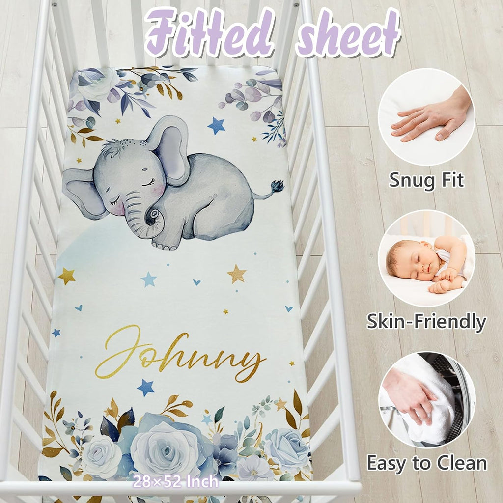 Personalized Baby Crib Bedding Set, 5 Pcs Custom Name Nursery Bedding Set for Girls Boys, Blue Elephant Baby Crib Set for Toddlers Infants, Double Layer Bedding Crib Sets Customized Gifts