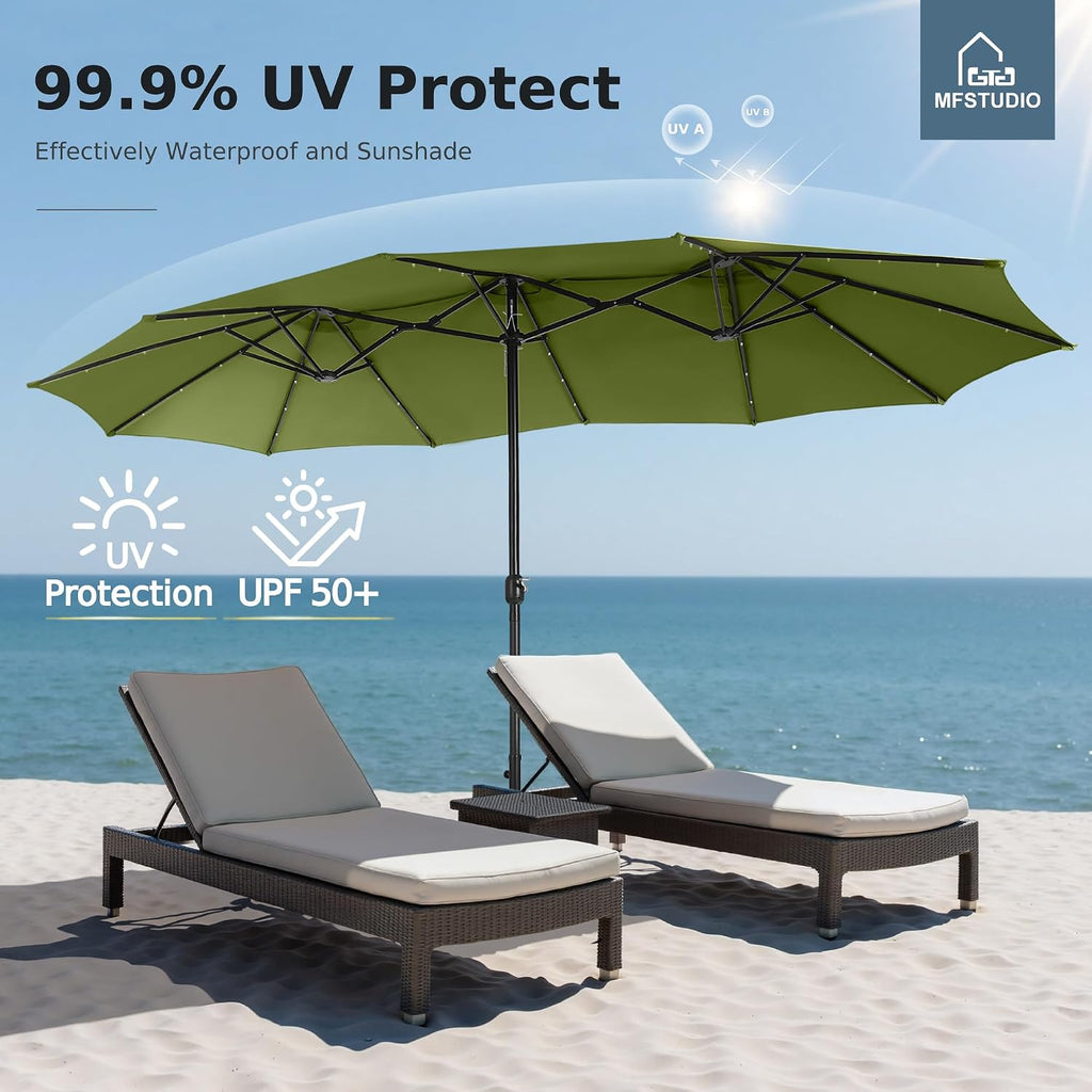 MFSTUDIO 15ft Double Sided Patio Umbrella with Solar Lights, Outdoor Large Umbrellas with Crank Handle and 36 LED Lights, Rectangular Market Umbrella with Base Included for Deck Pool Shade, Lime Green