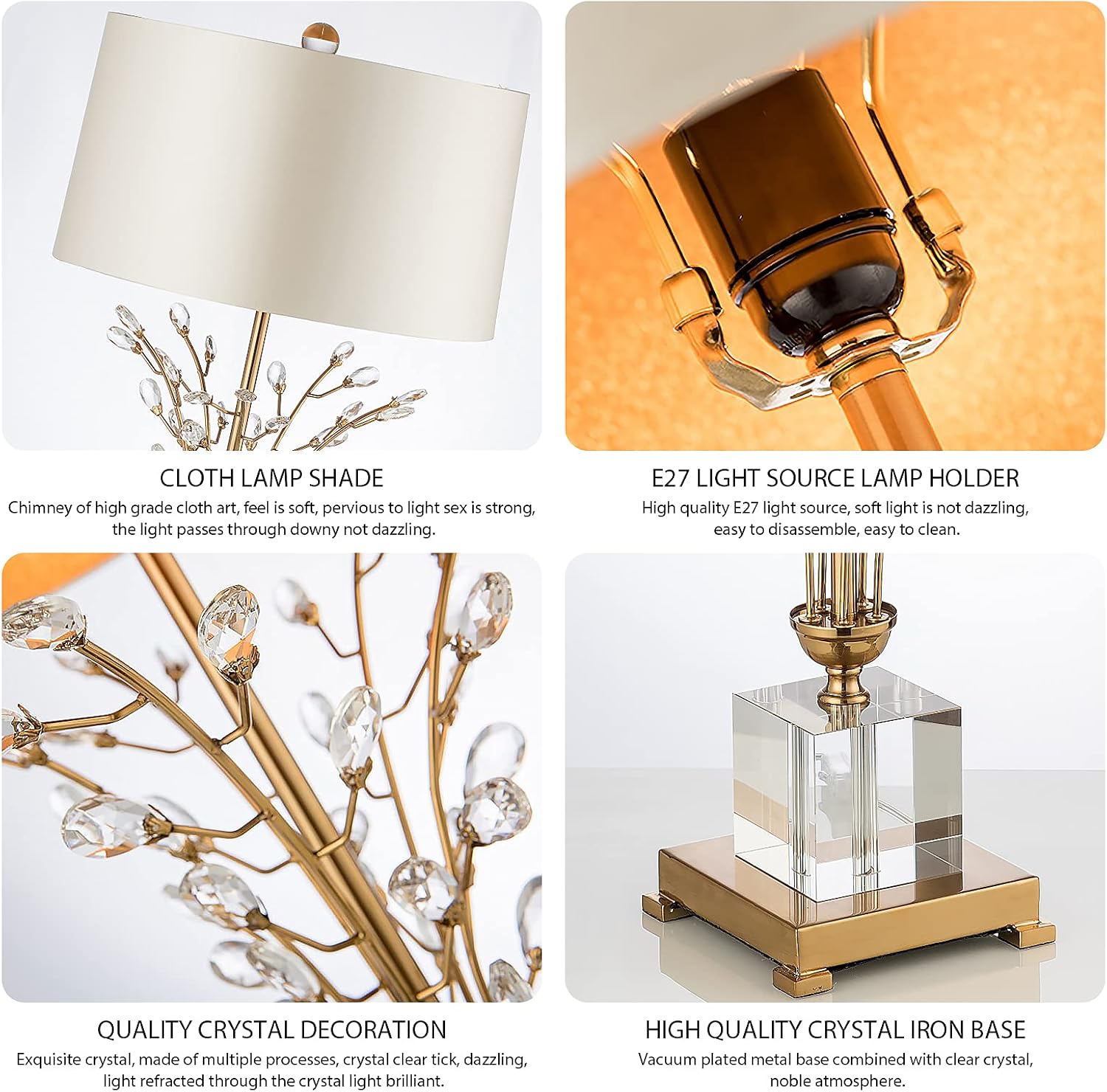 Glass Table Lamp Modern Bedside Lamp Decorative with Metal Base White Linen Fabric Lampshade Modern Bedside Lamp for Bedroom Living Room Elegant Nightstand Lamp Crystal Decoration for Office Desk