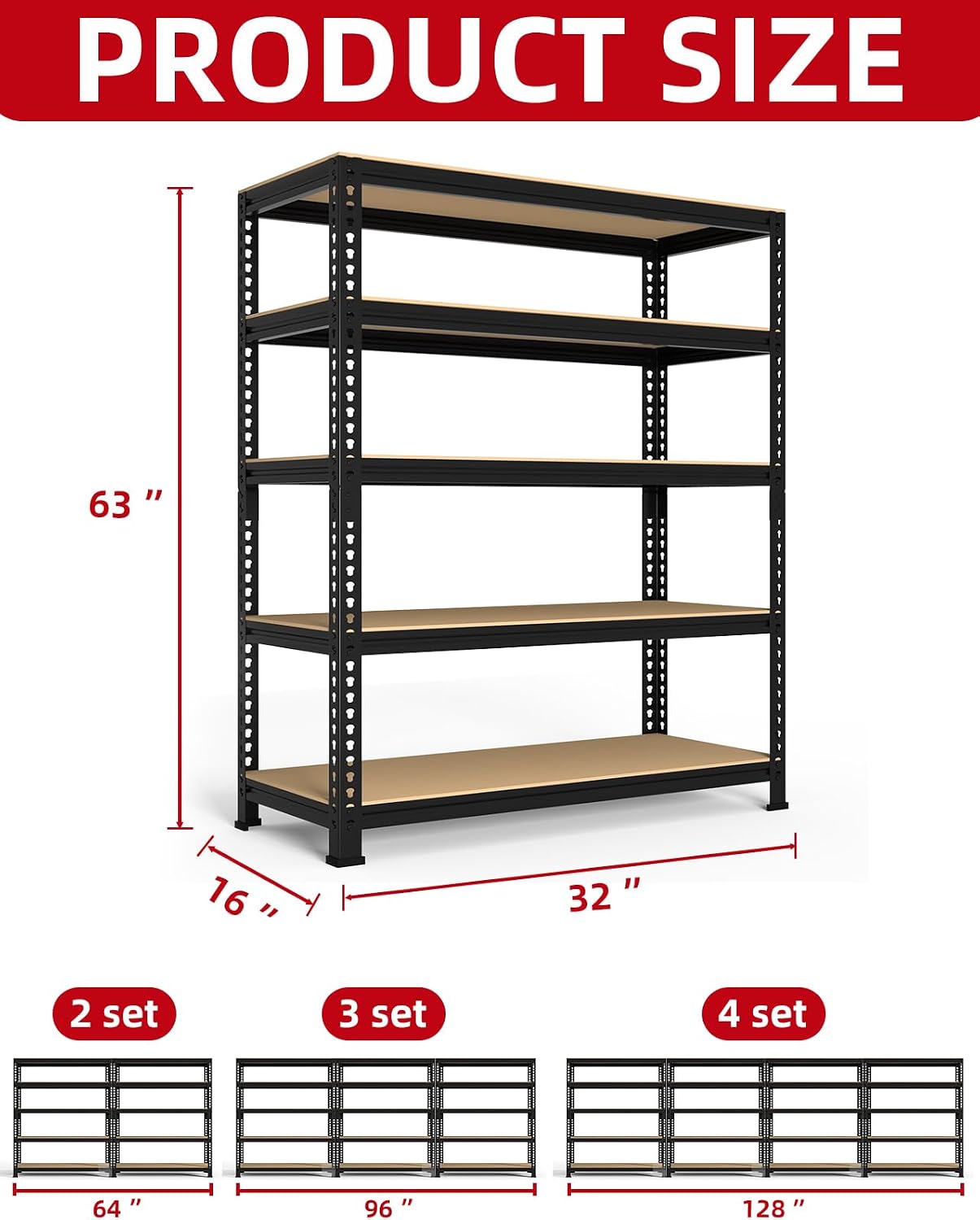 PrimeZone 32'W x 16'D x 63' H Storage Shelves - 2 Pack 5 Tier Adjustable Garage Storage Shelving, Heavy Duty Metal Storage Organizer Utility Rack Shelf Unit for Warehouse Pantry Closet Kitchen, Black