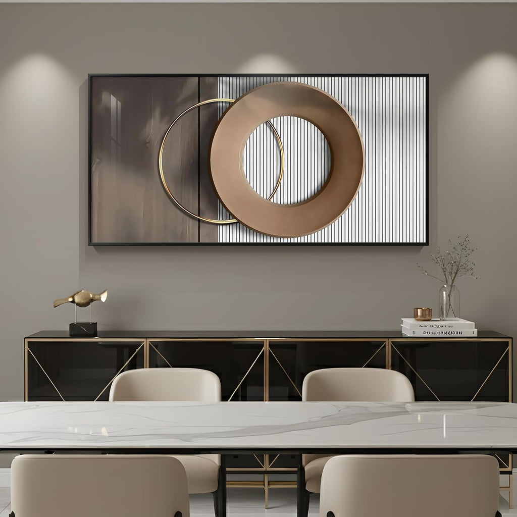 Large Horizontal Modern Wall Art for Living Room, Framed Neutral Picture Prints, Minimalist White Brown Circle Geometric Painting Artwork Decor for Bedroom Dining Room Hallway Office 56x28 Inch
