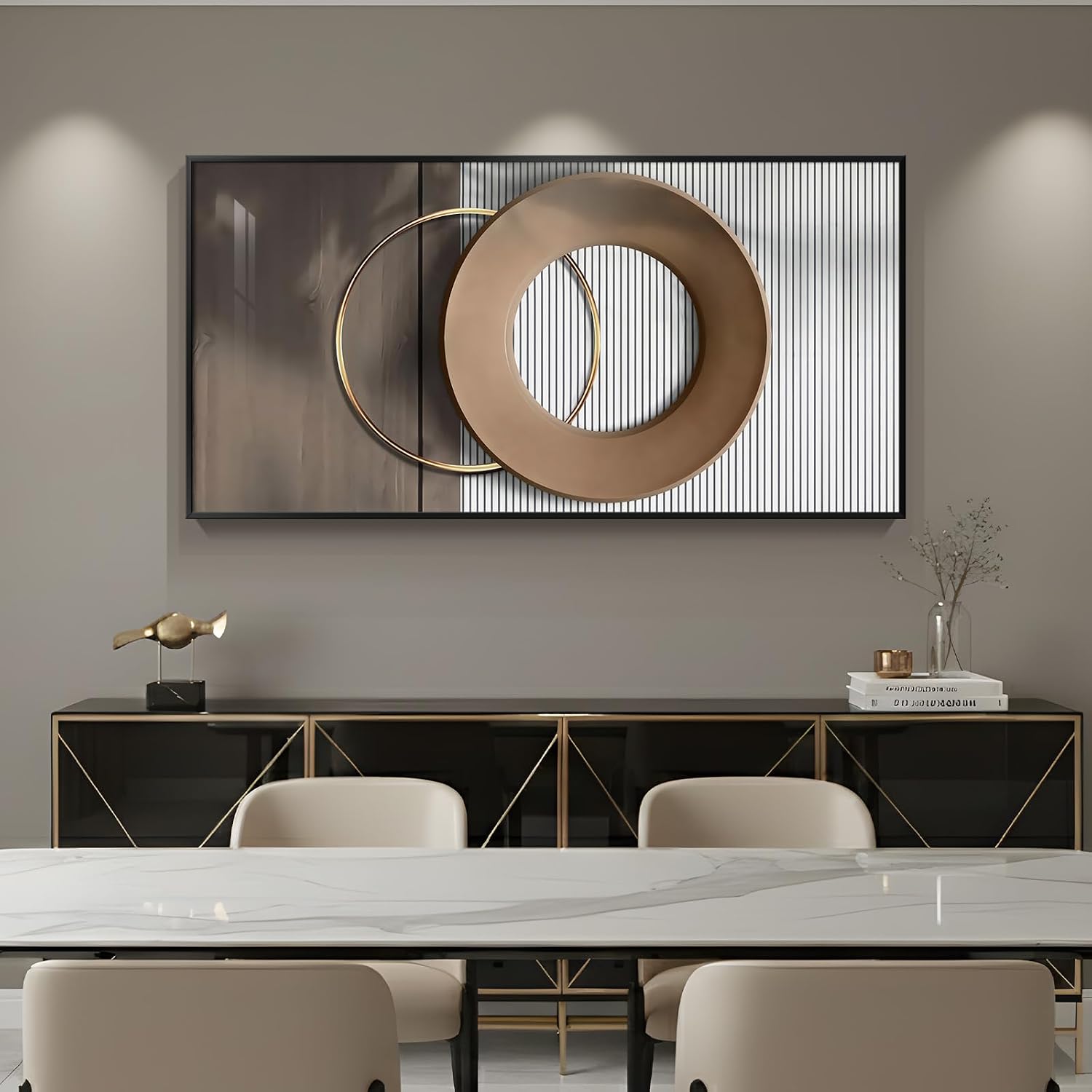 Large Horizontal Modern Wall Art for Living Room, Framed Neutral Picture Prints, Minimalist White Brown Circle Geometric Painting Artwork Decor for Bedroom Dining Room Hallway Office 56x28 Inch