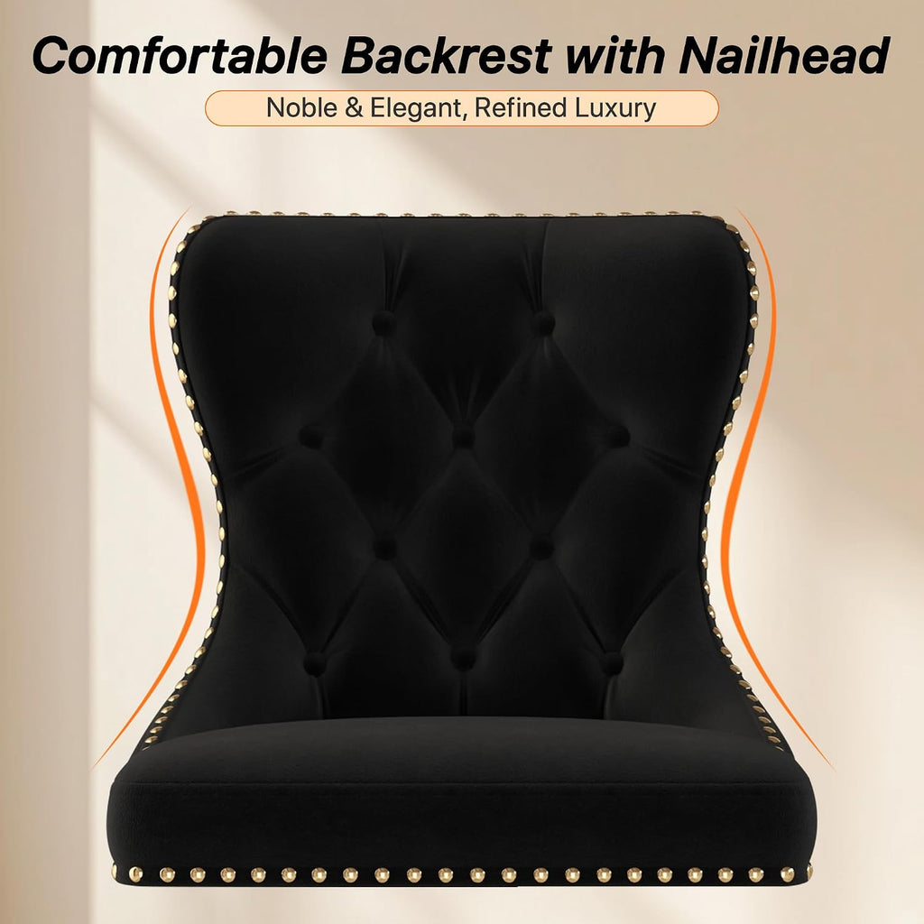 Bar Stools Set of 2, Velvet Swivel Counter Height Stools with Tufted Back, Adjustable Seat with Nailheads Trim, Upholstered Bar Chairs with Gold Base for Kitchen Island, Pub, Black