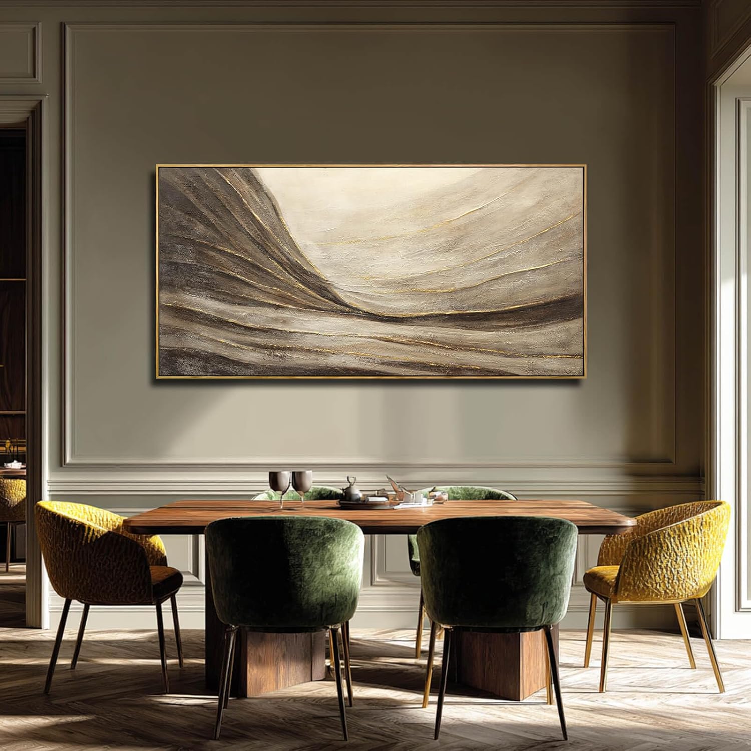 WINKAILIN Modern Abstract Wall Art with Frame Brown and Grey Painting Wave Poster Line Canvas for Living Room Bedroom Textured Home Decor 24x48 Inch