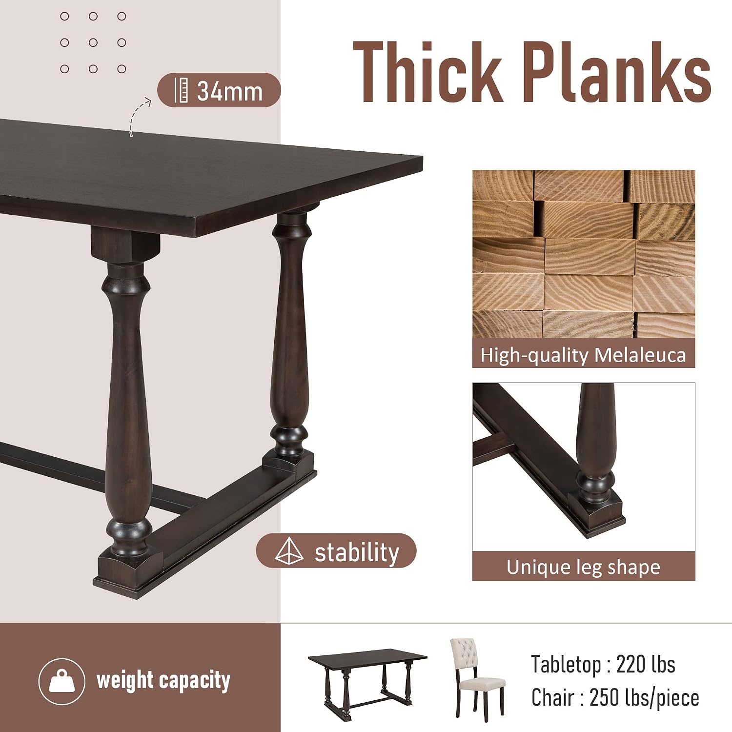 Retro 6-Piece Kitchen Dining Table Set with Comfortable Upholstery Chairs and Bench, Solid Wood Dining Table with Special-Shaped Legs, Suitable for Family Use (Espresso-Comfort)