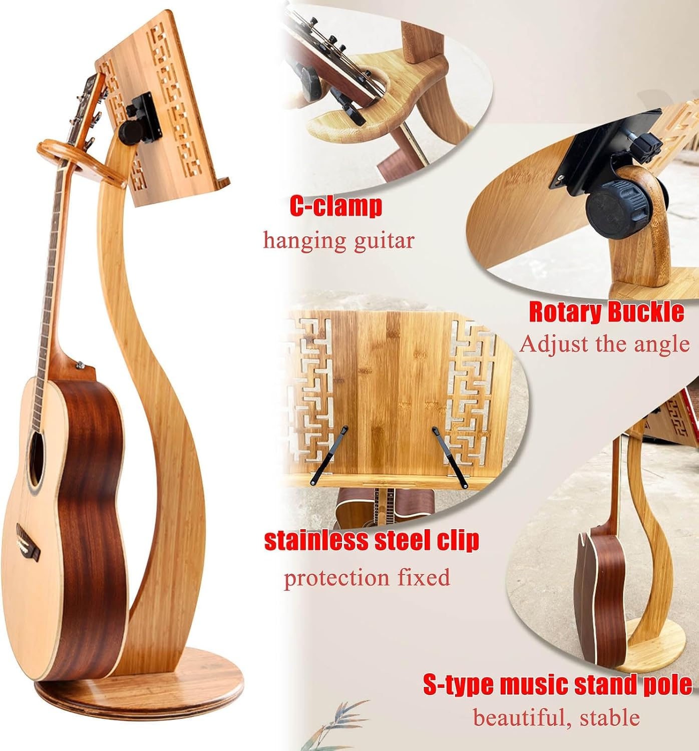 Wooden Sheet Music Stand, Professional Music Book Holder, 2 in 1 Dual Use, Violin Music Stand, Natural Bamboo, Wood Station for Conductors, S-Shaped, Stabilise,
