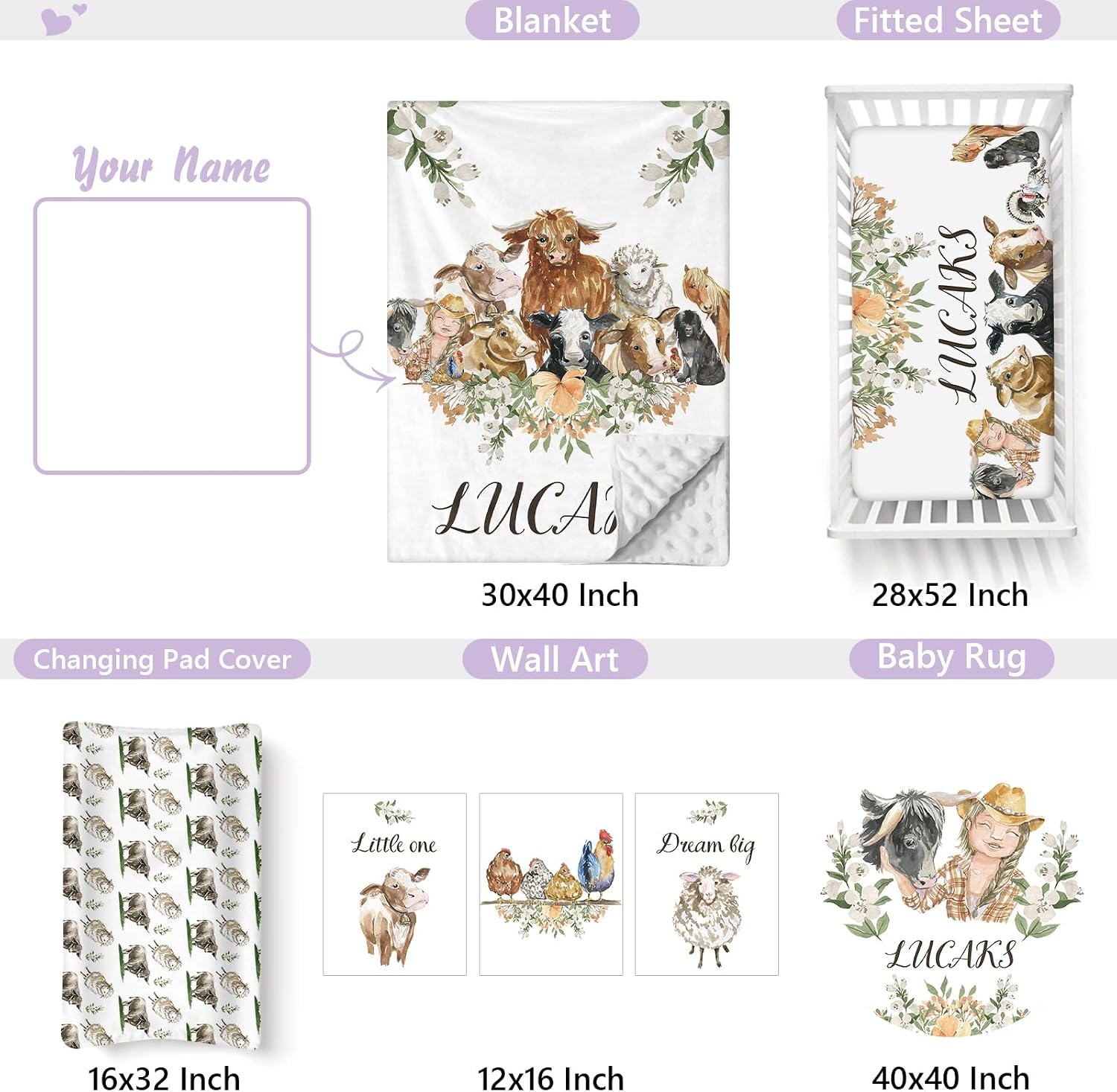 Custom Baby Crib Bedding Set, 5 PCS Personalized Name Baby Crib Sets for Girls Boys, Farm Animals Theme Nursery Bedding Sets for Infant Toddler, Double Layer Flannel Bed Set Customized Gifts