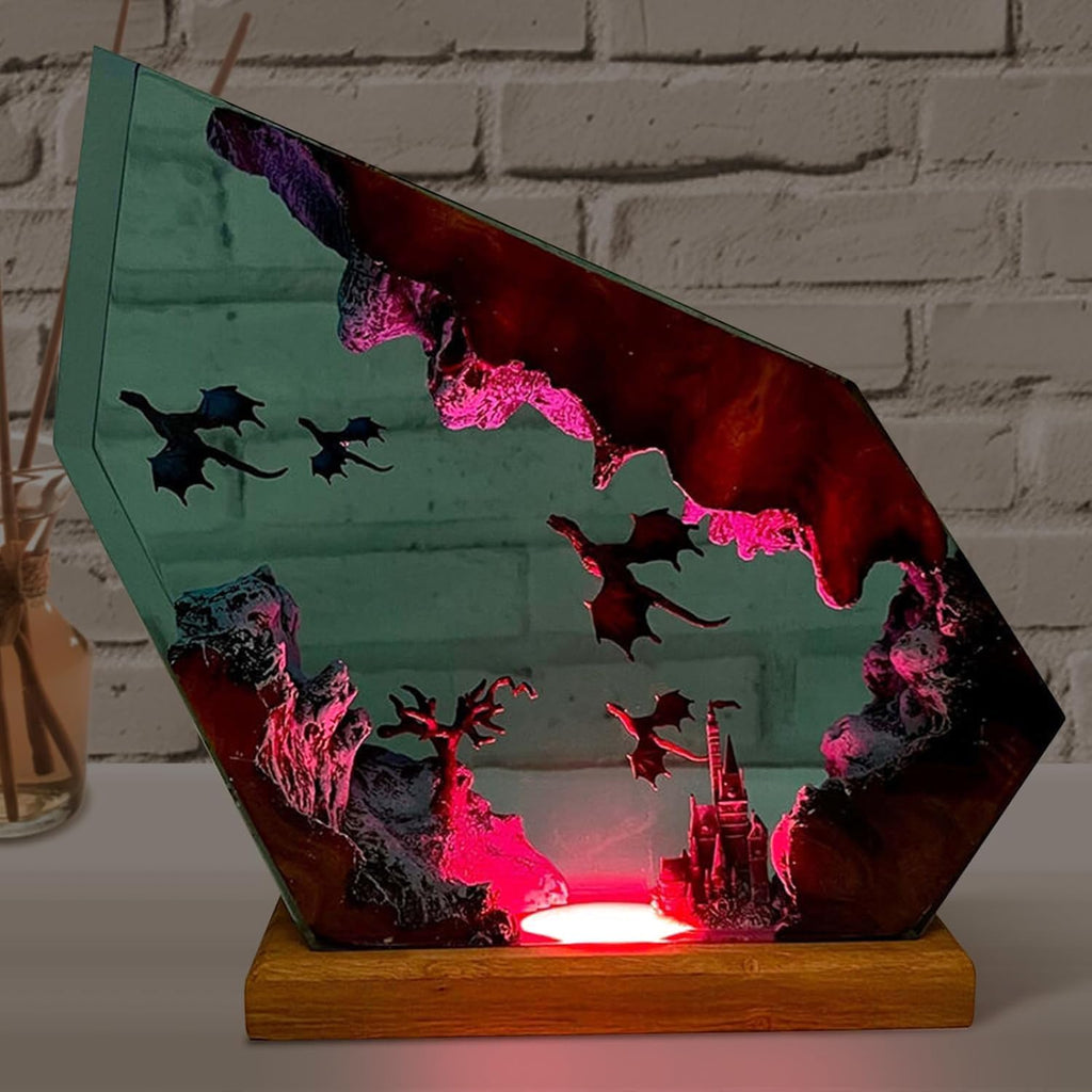 Resin Dragon Lamp,RGB Table Night Light with Wood Base, Handmade Resin Art Piece Brithday Valentine's Gifts for Women & Men,Dragon Gifts for Dungeons,Gamer (M,8'x5')