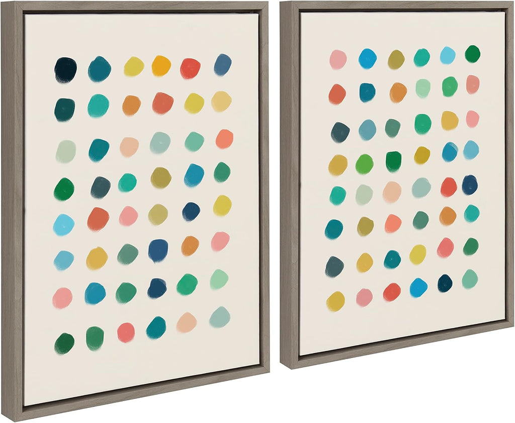 Kate and Laurel Sylvie Meditation 1 and 2 Framed Canvas Wall Art Set by Kelly Knaga; 2 Piece 18x24 Gray; Modern Abstract Colorful Polka Dot Art Set for Wall Home Decor
