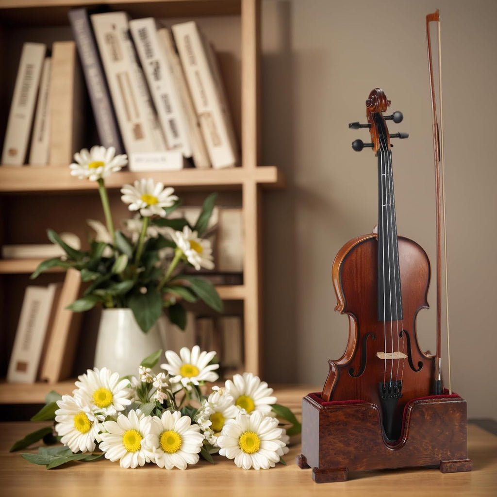 Violin and Bow Holder (Stand), Wooden Violin Holder Floor Display with Velvet Protection, Stable and Classy Aesthetic (Burl Wood + Red Velvet)