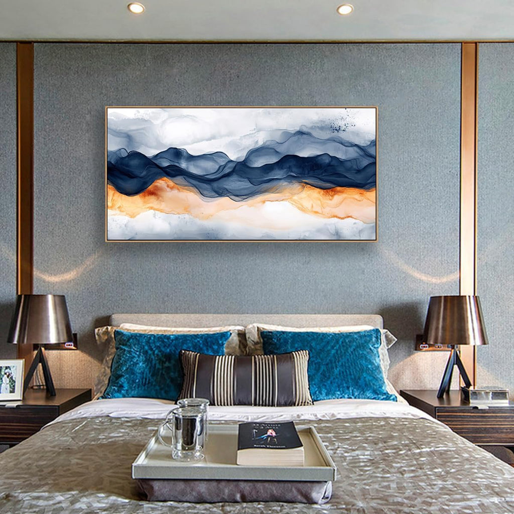 Tucai Decor Modern Abstract Mountain Wall Art Canvas Prints Navy Blue and Orange With Wood Frame Large Living Room Decor Bedroom Office Wall Decor 24 x 48 inch Ready to Hang