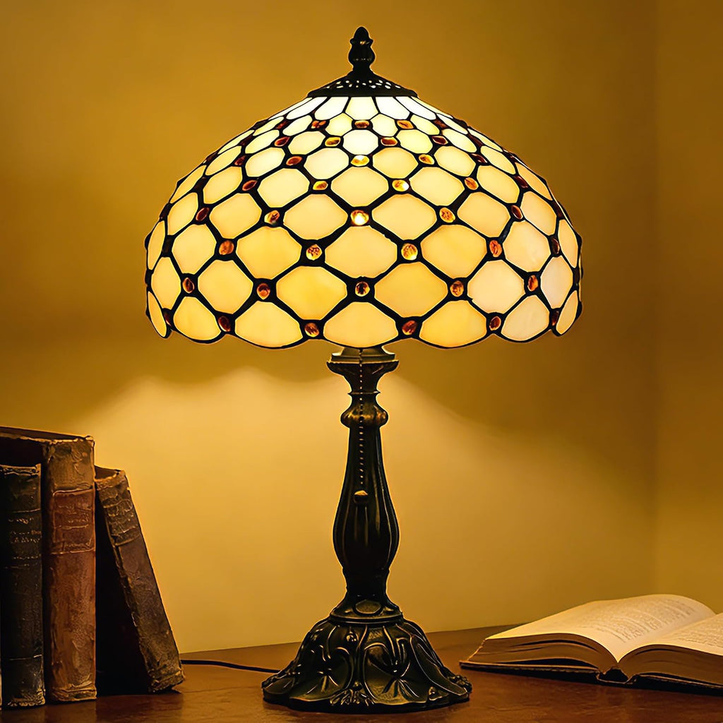 Tiffany Lamp Stained Glass Table Lamp Antique Bedside Reading Light W12H19 Inches (Cream Amber Pearl)