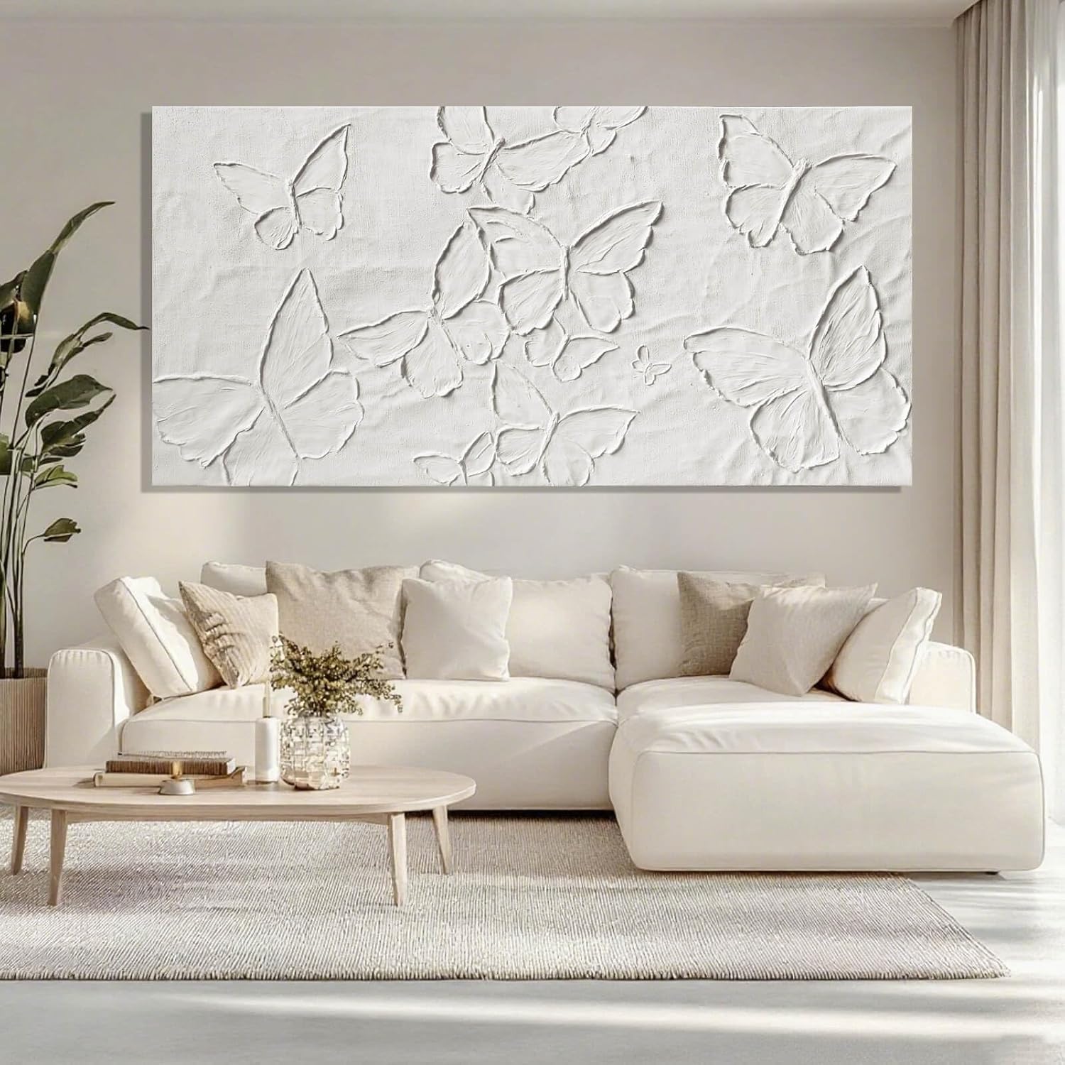 SHEYOYE Large White Aesthetic Canvas Wall Art | Butterfly Wall Art for Wall Decor, Office Art, Living Room or Bedroom Wall Decor, Hallway Decor 29' x 58'