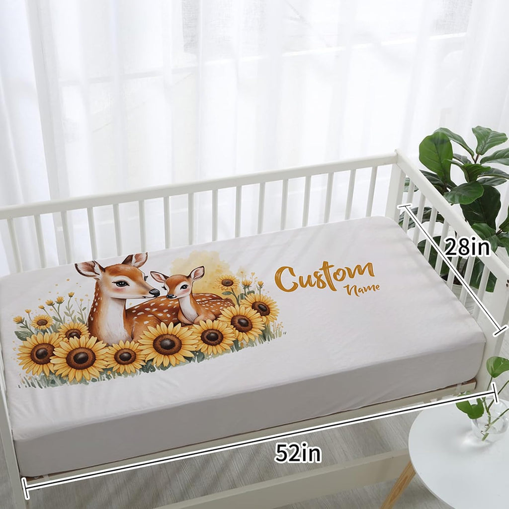 Personalized Crib Bedding Set for Baby Girls, Custom Name Baby Crib Sets 5-Pcs Include Toddler Double Layer Blanket Fitted Sheet Changing Pad Cover Rug Wall Art Set, Sika Deer Pattern Nursery Décor
