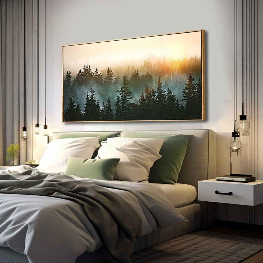 Living Room Wall Art Sunrise Misty Forest 24'x48' Modern Home Wall Decor Plants Wall Decorations Framed Artwork for Bedroom Dining Room Office Hotel