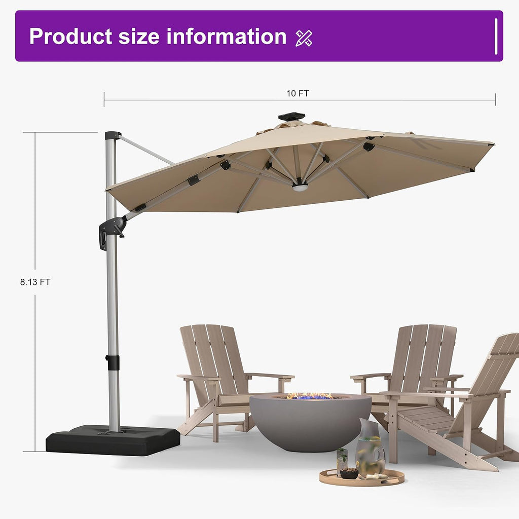 PURPLE LEAF Cantilever Umbrella with base 10ft Outdoor Round Patio Solar Powered LED Umbrella with 360-degree Rotation for Garden Deck Pool Patio, Beige