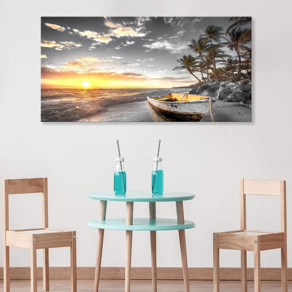 Beach Wall Art Canvas Prints Art Black and White Sunset Seascape Pictures Bedroom Decor Boat Tree Ocean Landscape Painting for Living Room Office Decoration Natural Scenery Artwork 28 x 57inches