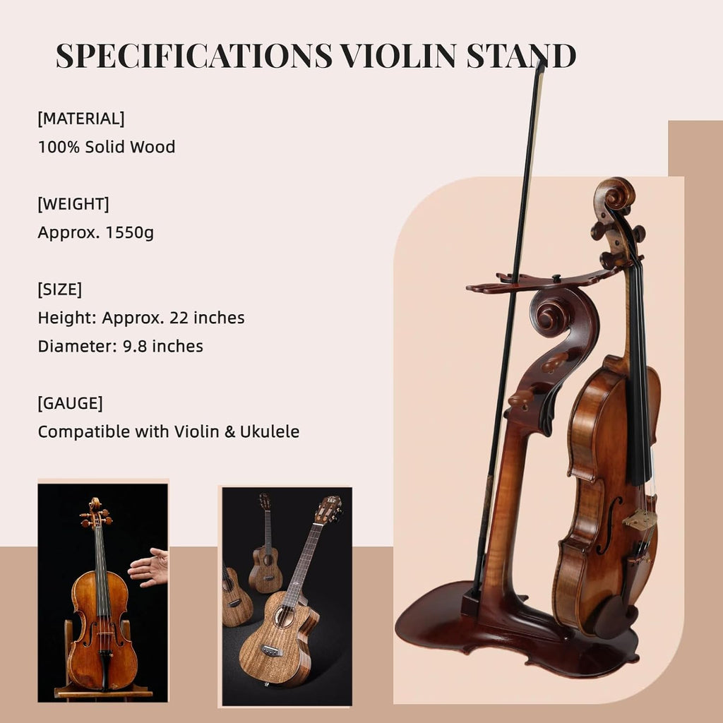Solid Wood Violin Stand with Bow Holder - No Assembly Needed, Heavy-Duty 4/4 Size Display, Handcrafted Cut-Out Design for Home/Studio/Stage