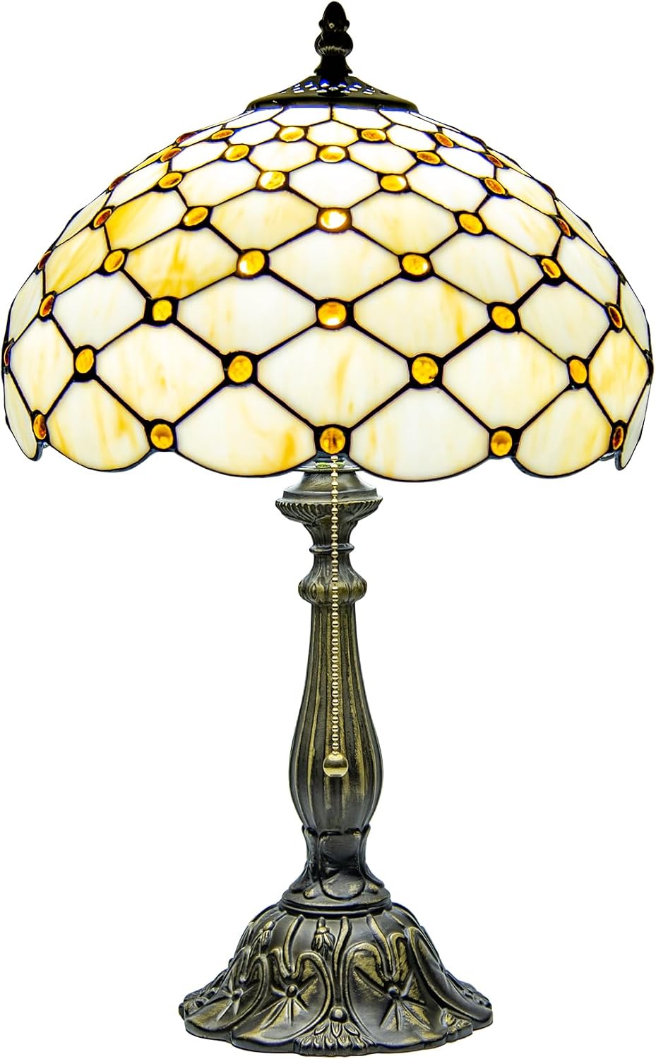 Tiffany Style Table Lamp, Amber White Bead Pearls Stained Glass Lamp with Antique Bronze Resin Base for Reading, Study, Bedside, Bedroom, Living Room, Office 12X12X19 Inch