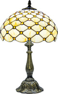Tiffany Style Table Lamp, Amber White Bead Pearls Stained Glass Lamp with Antique Bronze Resin Base for Reading, Study, Bedside, Bedroom, Living Room, Office 12X12X19 Inch