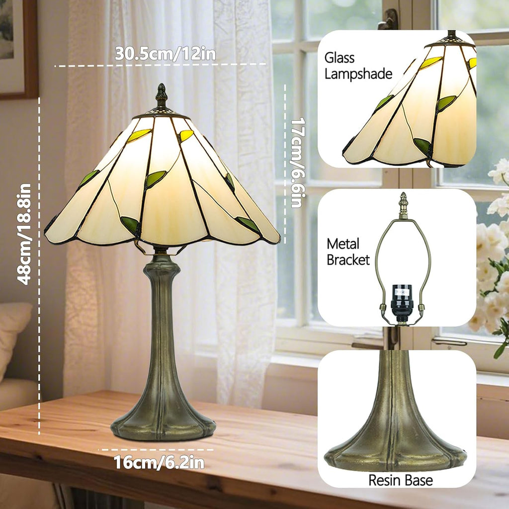 Tiffany Style Table Lamp, Small Stained Glass Lamp for Bedside, Bedroom, Nightstand, Living Room, 12 Inch Mini Vintage Light Included E26 Bulbs with Remote Control (White with Leaves)