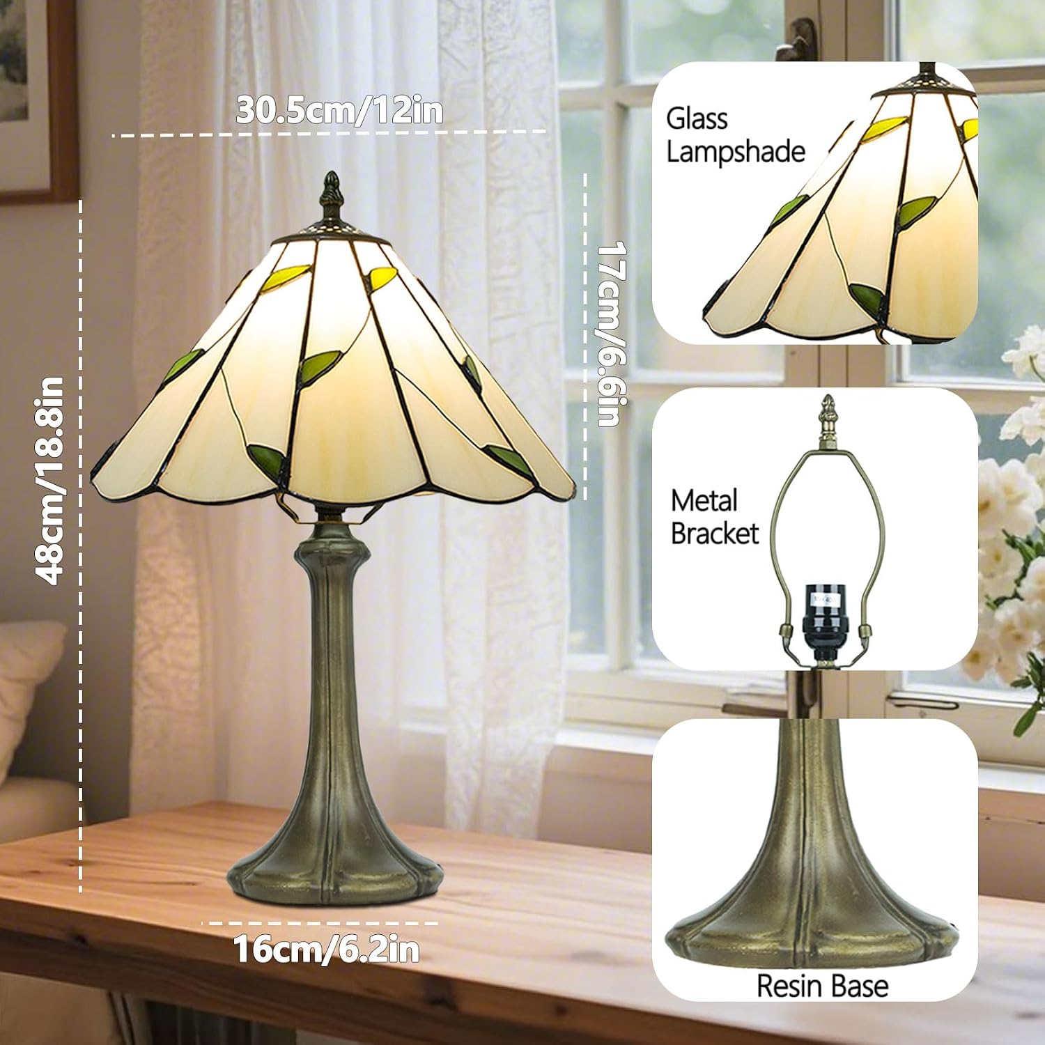Tiffany Style Table Lamp, Small Stained Glass Lamp for Bedside, Bedroom, Nightstand, Living Room, 12 Inch Mini Vintage Light Included E26 Bulbs with Remote Control (White with Leaves)