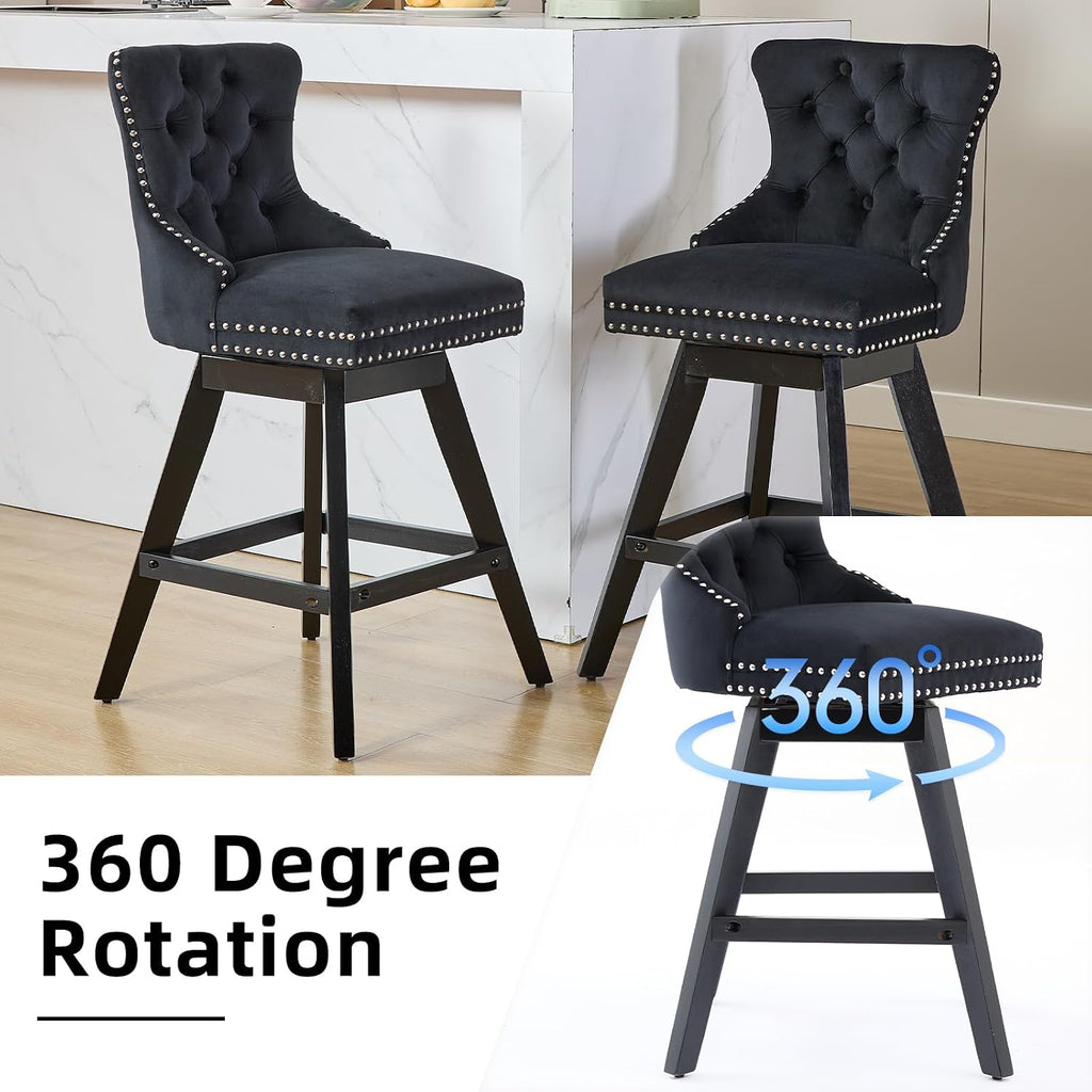 Black Bar Stools Set of 2, Modern Swivel Velvet Counter Height Barstools, Upholstered Kitchen Island Chairs with Button Tufted Back, Rivet Trim, Solid Wood Legs, 26' H Seat, Black