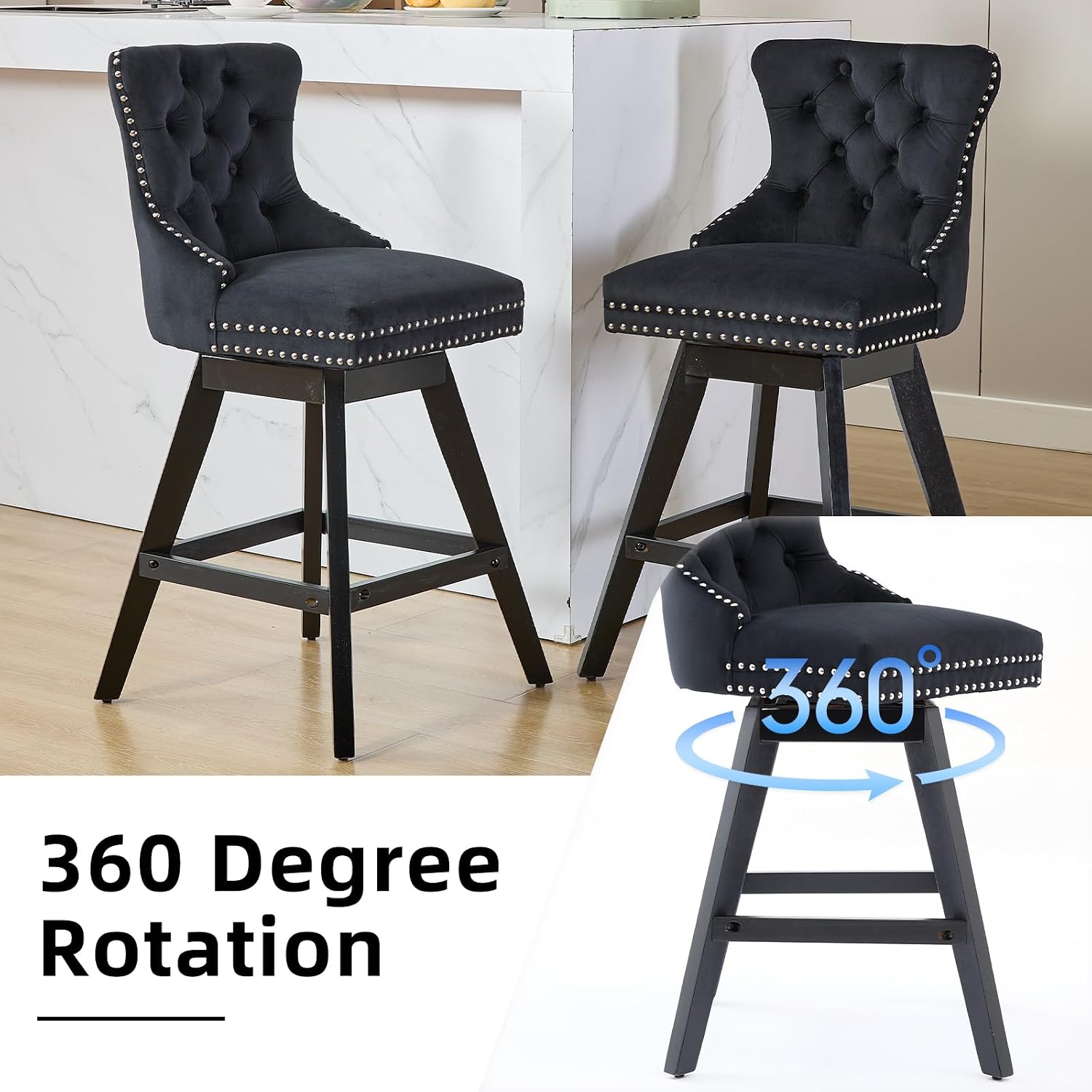 Black Bar Stools Set of 2, Modern Swivel Velvet Counter Height Barstools, Upholstered Kitchen Island Chairs with Button Tufted Back, Rivet Trim, Solid Wood Legs, 26' H Seat, Black