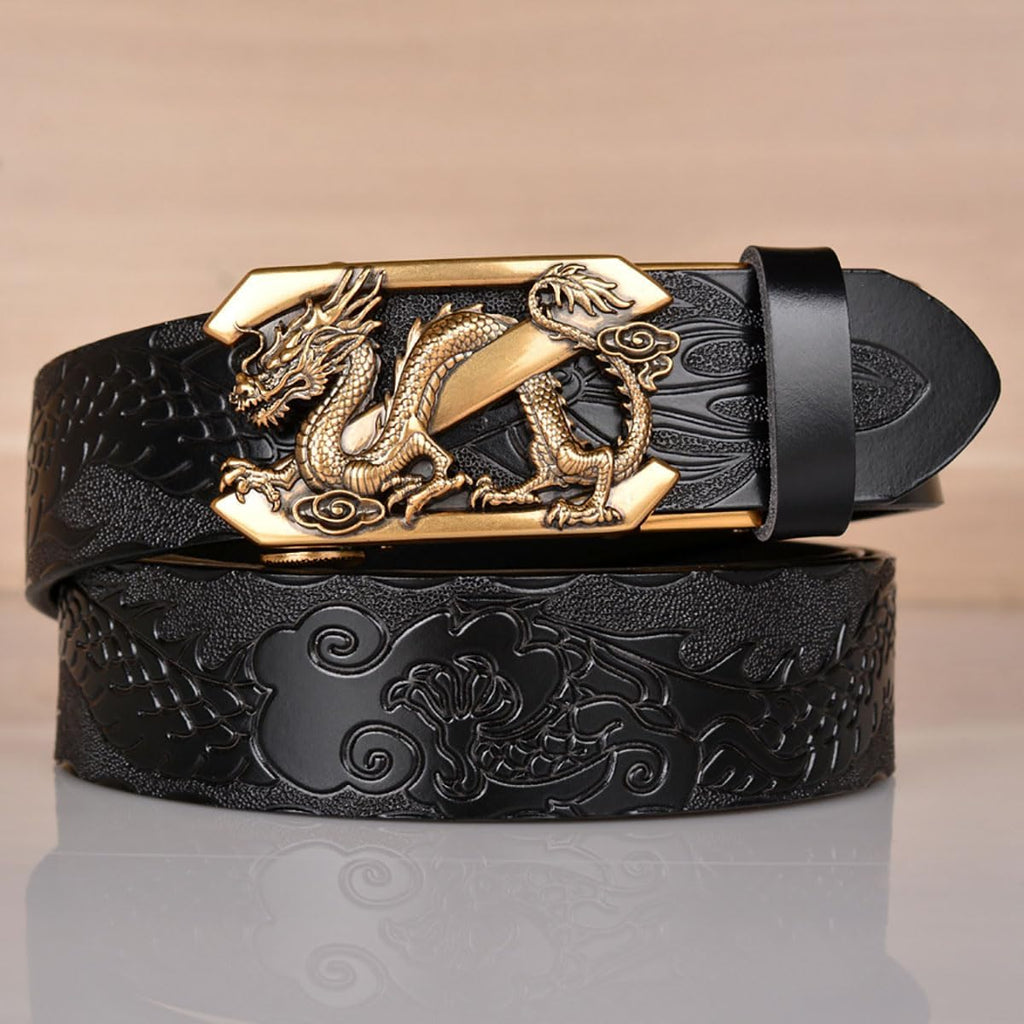 Mens Ratchet Leather Belt, Genuine Leather belts, Engraved Vintage Dragon Eagle Tiger Buckle, Business leisure belt