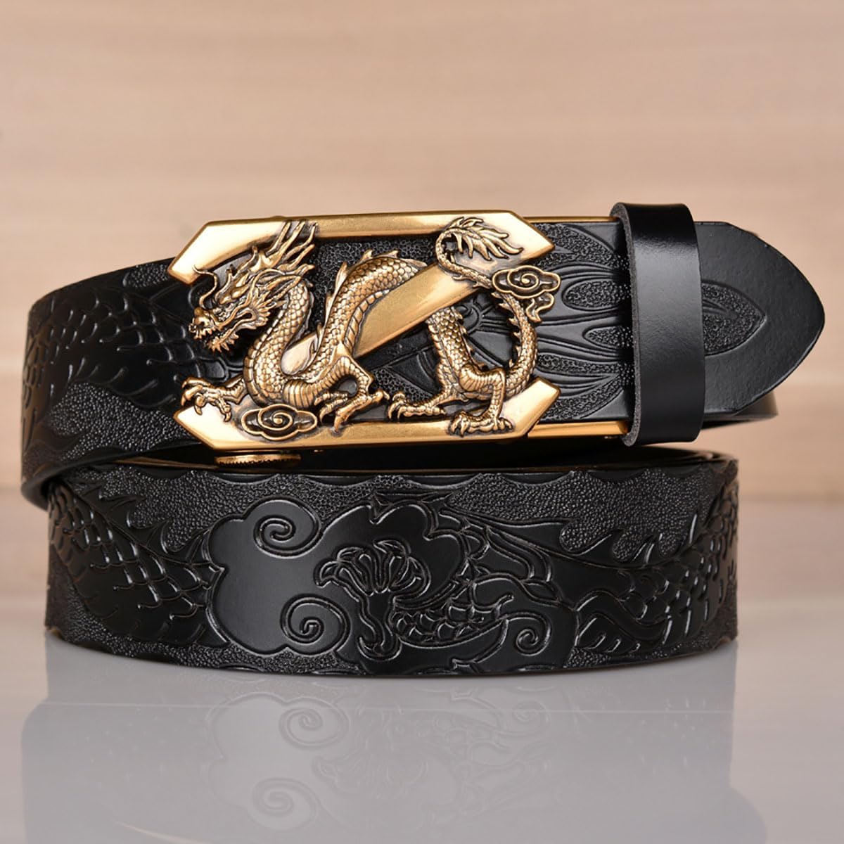 Mens Ratchet Leather Belt, Genuine Leather belts, Engraved Vintage Dragon Eagle Tiger Buckle, Business leisure belt