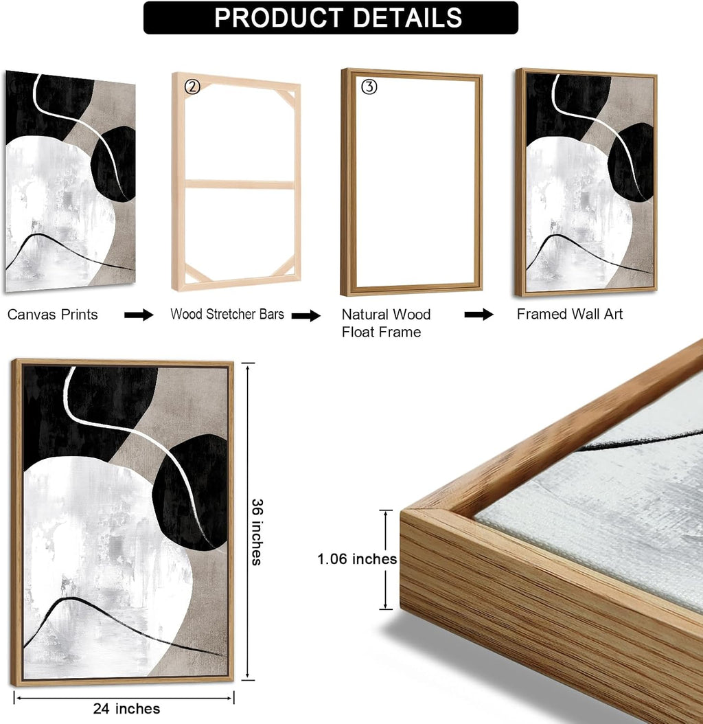 Minimalist Abstract Boho Wall Art - Natural Framed Abstract Canvas Picture Stone Painting Rock Line Artwork Modern Geometric Canvas Prints for Home Wall Decor 24' x 36' * 3 Tan Grey White Black