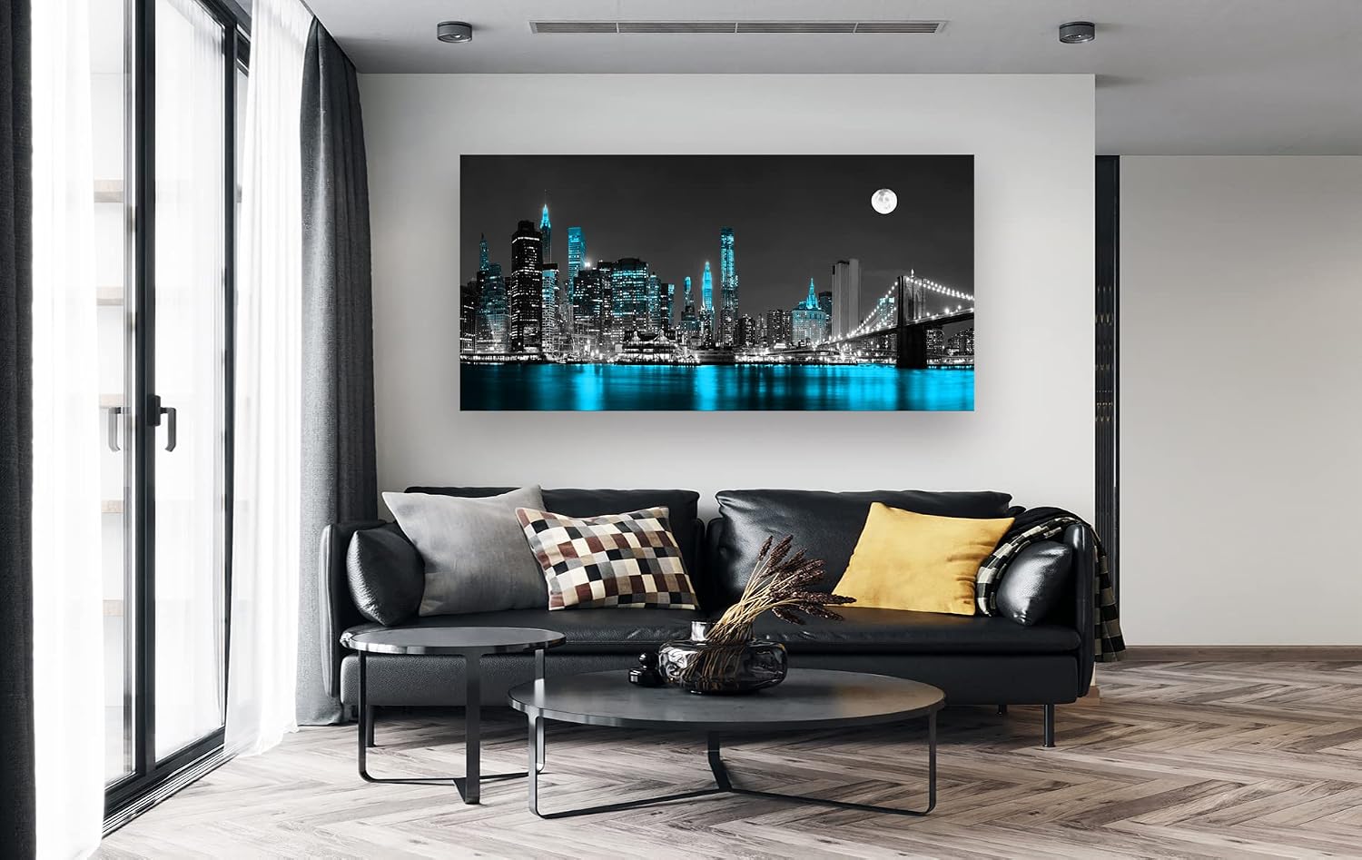 Jiuqinghua Wall Art Decor Canvas Print Picture 1 Panel Black White and Blue New York Brooklyn Bridge Cityscape Night Building Painting for Kitchen Office Home Decor Framed Ready to Hang 30x60inch