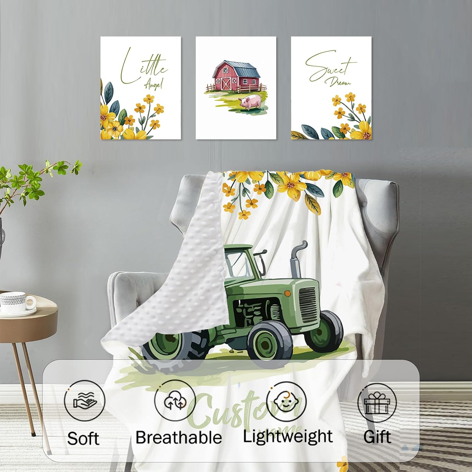 Personalized Crib Bedding Set for Baby Boys, Custom Name Baby Crib Sets 5-Pcs - Toddler Double Layer Blanket Fitted Sheet Changing Pad Cover Rug Wall Art Set, Green Tractor Theme Nursery Décor