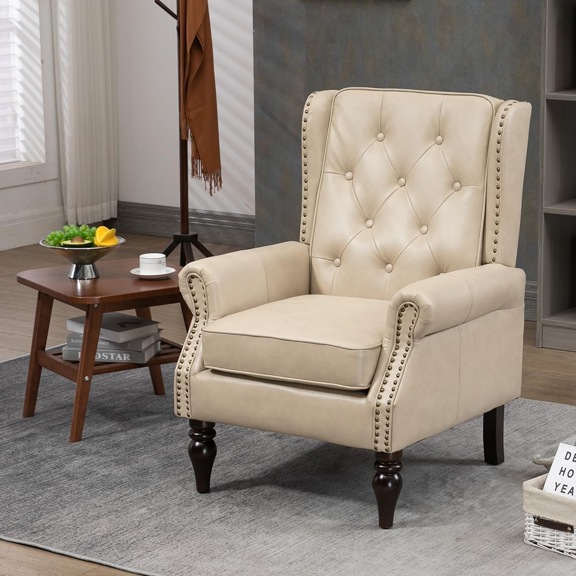Mid-Century High Wingback Chair Set of 2,Faux Leather Accent Chair Armchair with Buttons,Modern Living Room Chairs with Rivet Decoration,Leisure Single Sofa Chair for Bedroom,Home Reception,Camel