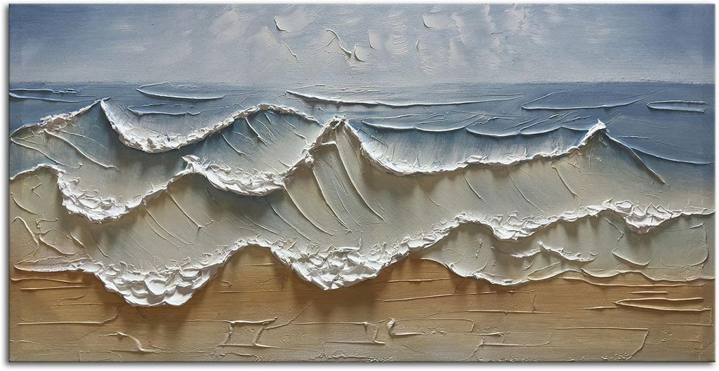 Slyart Abstract Blue Ocean Wave Wall Art, Textured Oil Painting on Canvas Relief Wall Art, 24' x 48' Abstract Modern Sea Artwork Wall, Neutral Wall Decor