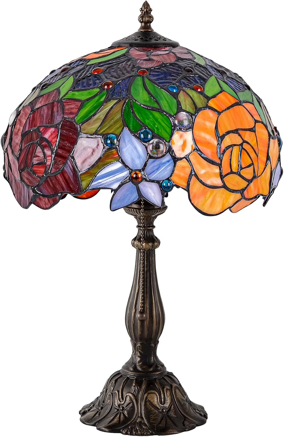 Tiffany Style Stained Glass Table Lamp, Floral Pattern Desk Light with Antique Bronze Resin Base, Red Roses Decorative Lighting for Bedroom, Living Room, Office 12X12X19 Inch
