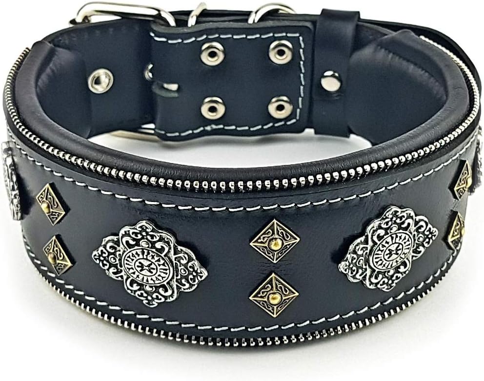 Bestia Aztec Leather Dog Collar - 2.5 Inch Wide Soft Padded Dog Collar for Large Dogs, Heavy Duty Genuine Leather Dog Collar with Studded Rivet Design Black