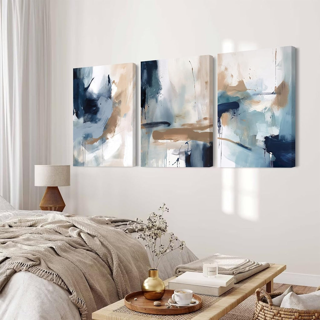 Navy Blue Pictures Wall Art Abstract Modern Painting Canvas Brown Watercolor Wall Art Decor Abstract Blue Poster Minimalist Graffiti Prints Artwork for Living Room 24x36 Inch Set of 3