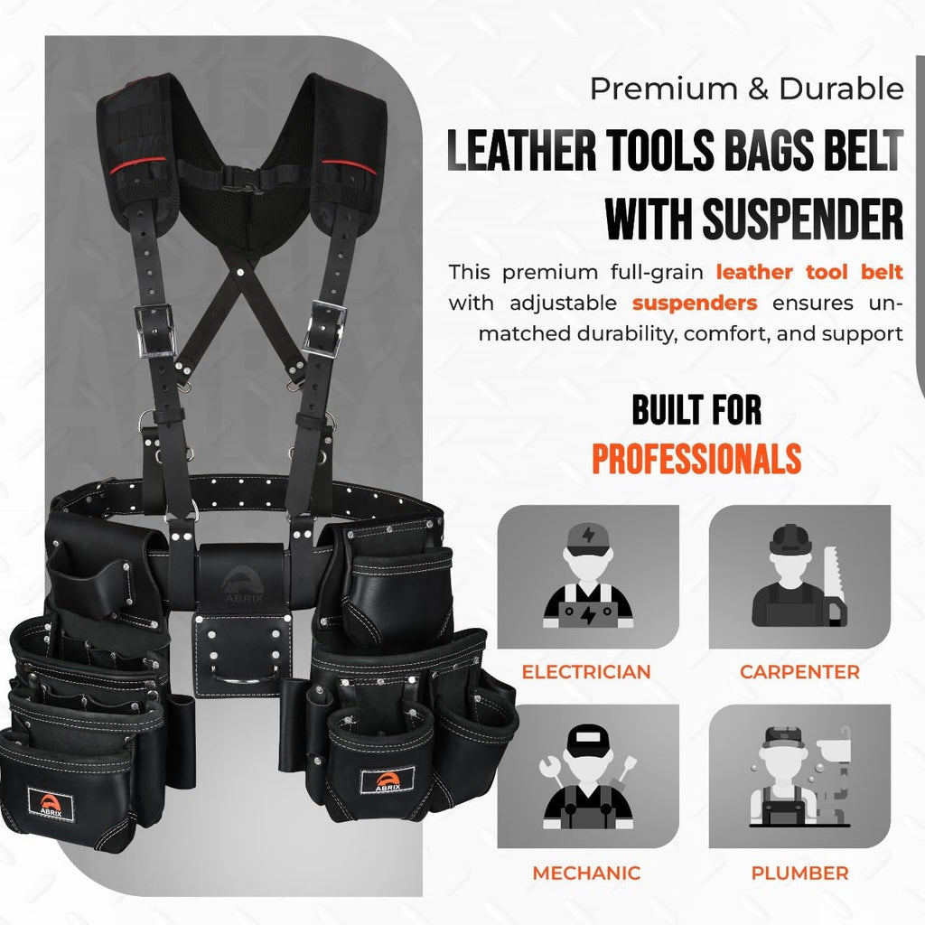 ABRIX Heavy Duty Tool Belt for Men – 4MM Thick Genuine Leather, Brass Buckle & Rivets | Foam Padded Comfort | 28-Pocket Carpenter & Framing Rig with Suspender | Work Belt Fit upto 32' to 52'