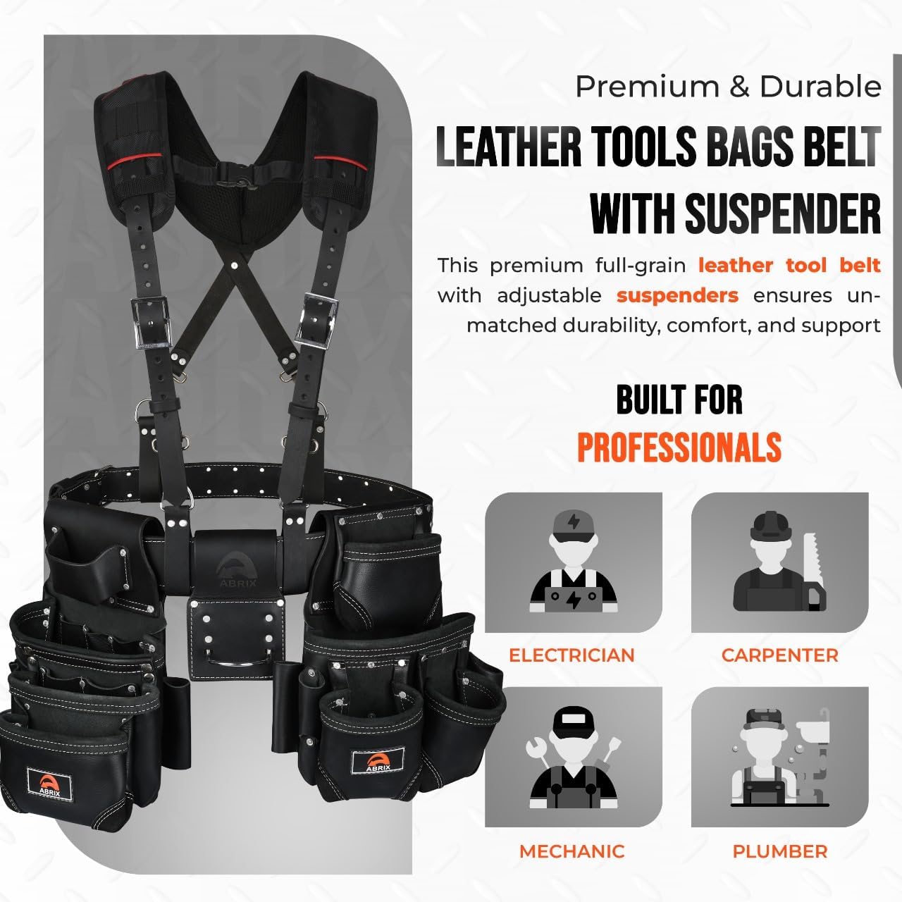 ABRIX Heavy Duty Tool Belt for Men – 4MM Thick Genuine Leather, Brass Buckle & Rivets | Foam Padded Comfort | 28-Pocket Carpenter & Framing Rig with Suspender | Work Belt Fit upto 32' to 52'