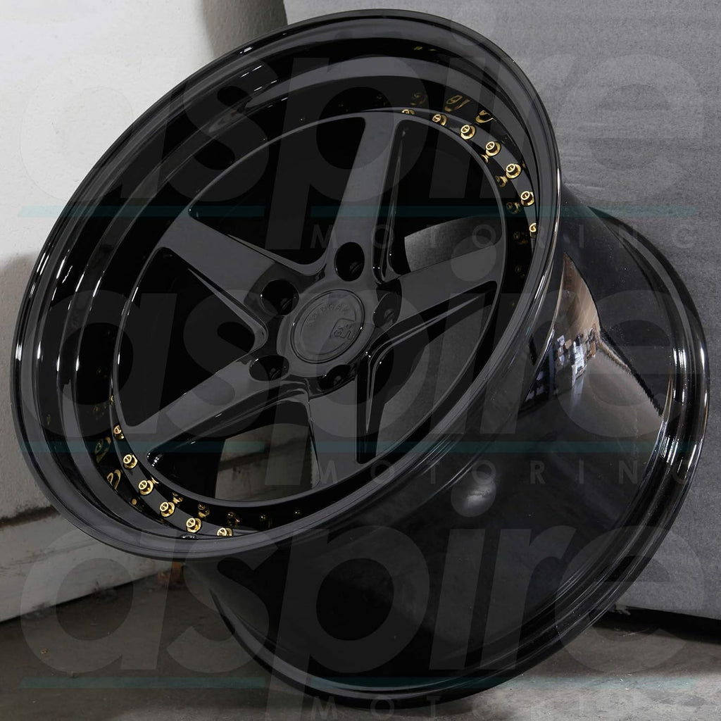 Aodhan DS-05 Custom Wheel - 18x9.5, 35 Offset, 5x100 Bolt Pattern, 73.1mm Hub - Gloss Black with Gold Rivets Rim