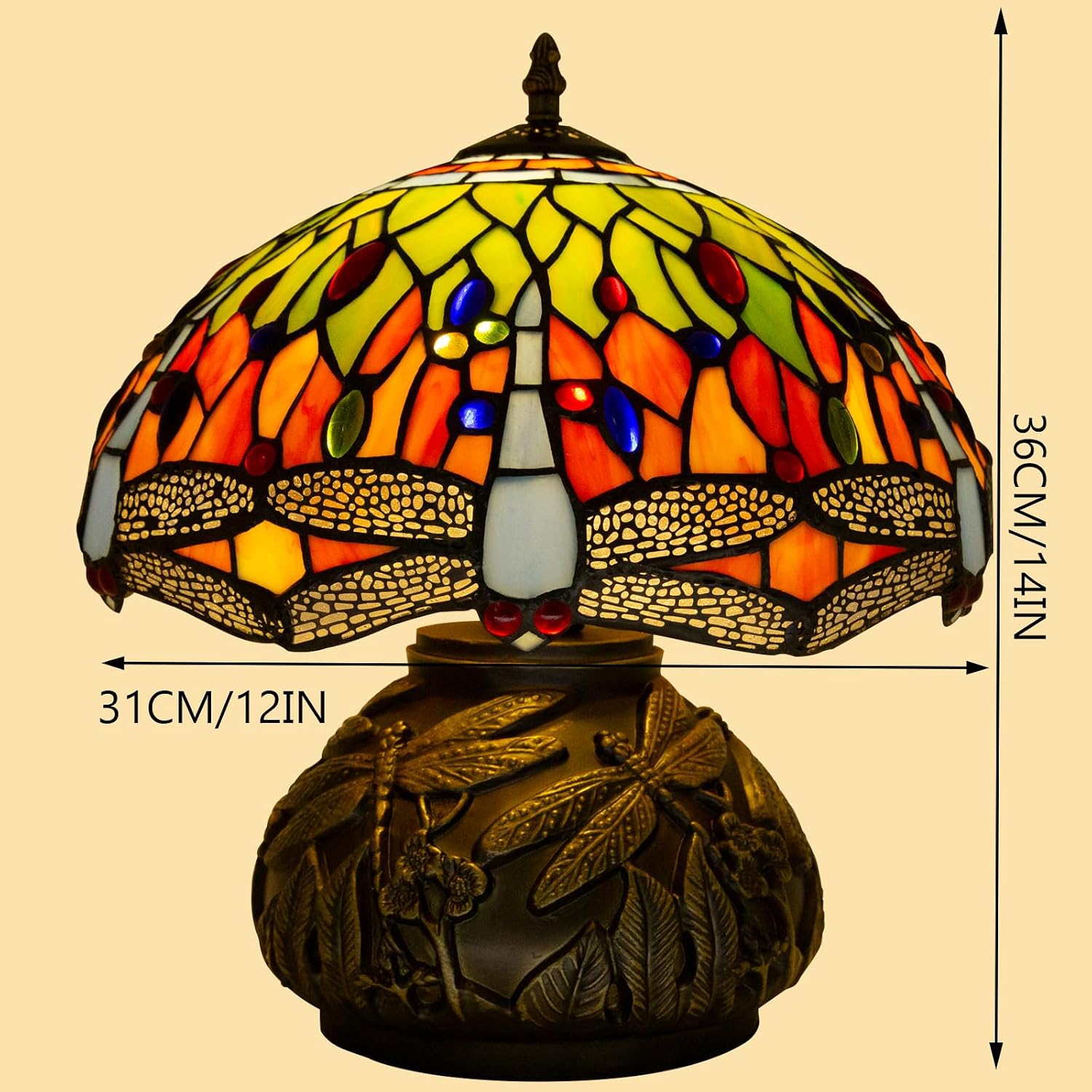 Tiffany Style Table Lamp Dragonfly, Small Stained Glass Lamp For Bedside, Bedroom, Nightstand, Living Room, 12 Inch Mini Vintage Mushroom Desk Lights Included E26 LED with Remote Control