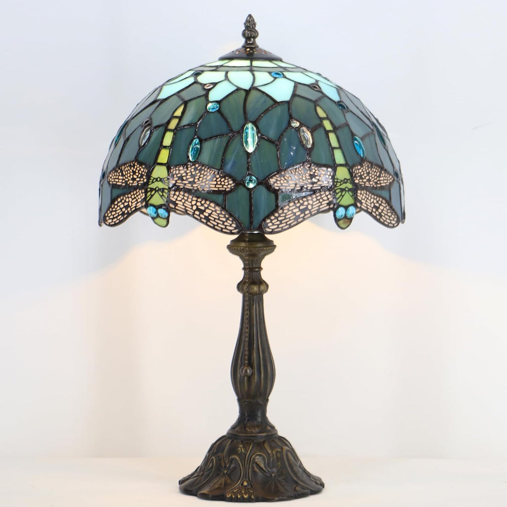 Tiffany Style Lamp Stained Glass Table Lamp Memory Sympathy Desk Reading Light 12X19 Inch (Sea Blue Dragonfly)