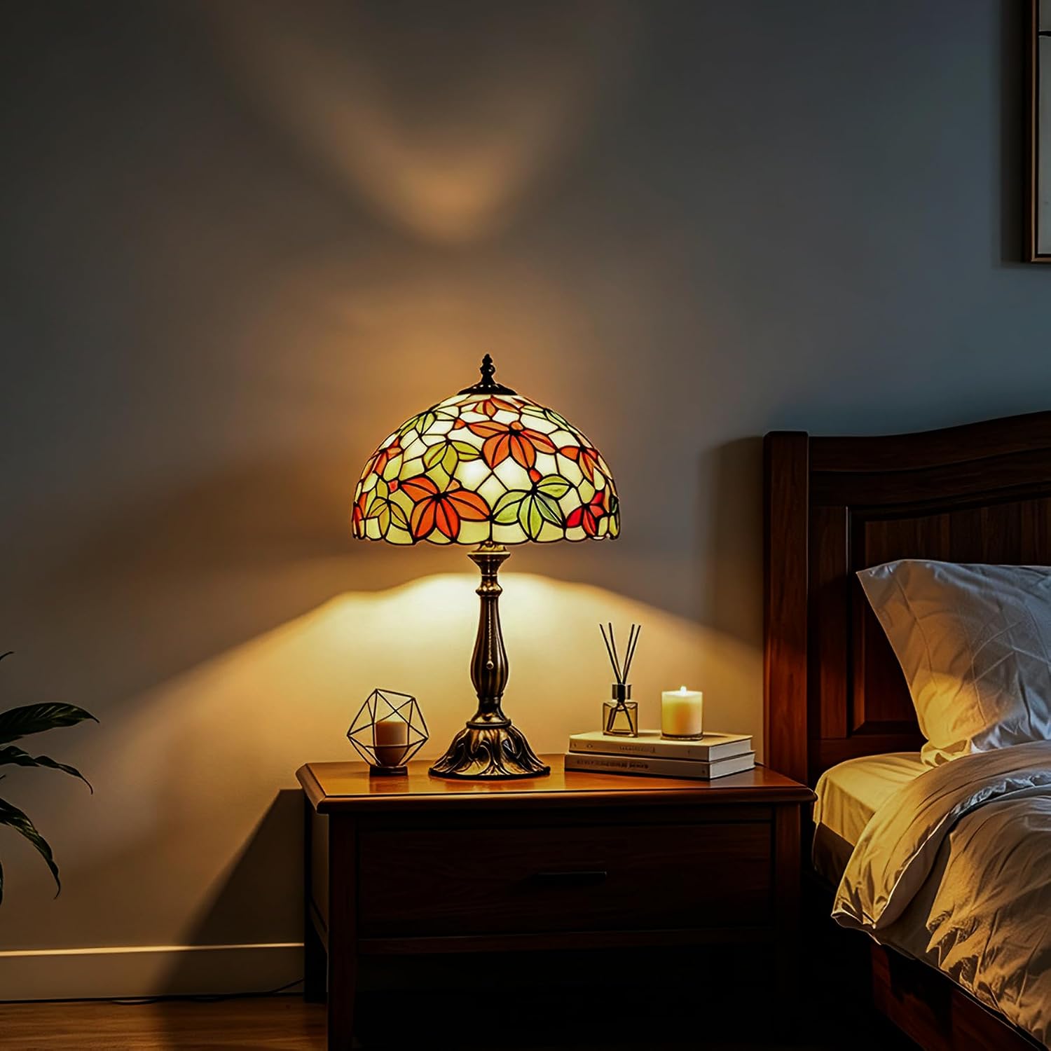 Tiffany Style Stained Glass Table Lamp, Maple Leaf Desk Light with Antique Bronze Resin Base, Multicolor Reading Lighting for Bedroom, Living Room, Office 12'X12'X19 (Maple-White)