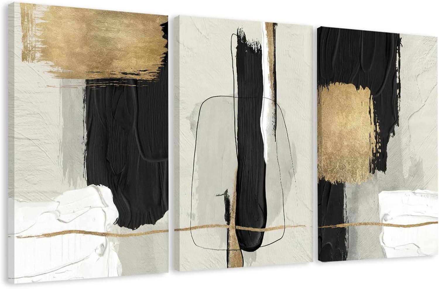 DUWQU 3 Pieces Large Black and Gold Abstract Canvas Wall Art, Modern Black Gold and White Art Wall Decor, Minimalist Grey Beige Block Prints for Living Room Bedroom Office Home Decorations 20×30 Inches